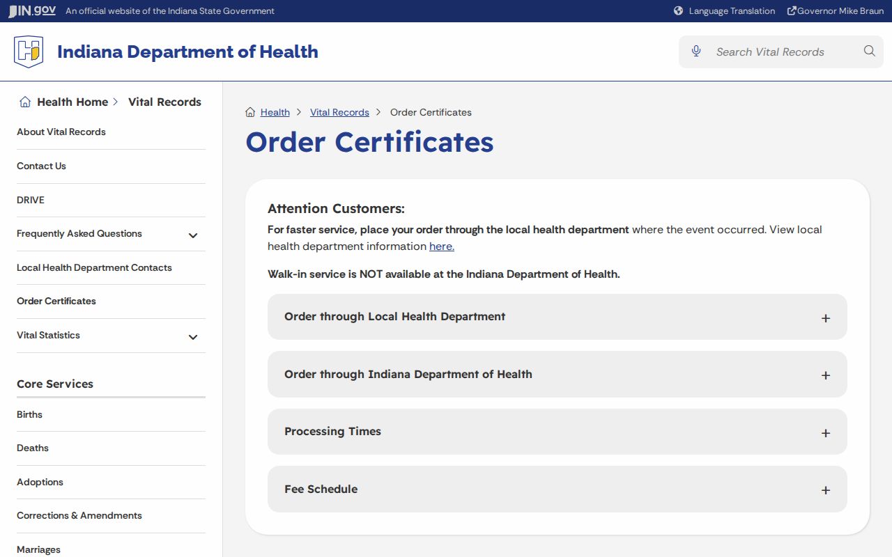 Indiana Department of Health vital records ordering information for Mishawaka requests