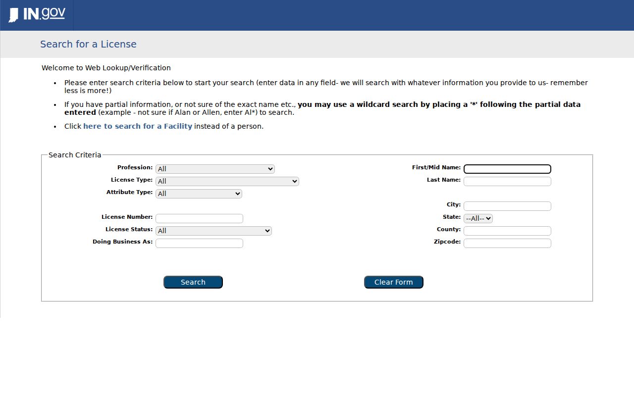 Indiana professional license search fields for a Mishawaka name