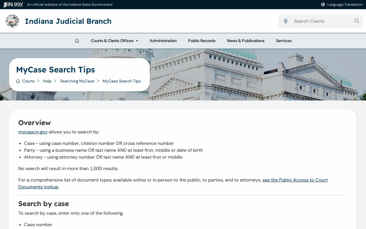 Indiana MyCase search tips used for a Mishawaka resident lookup