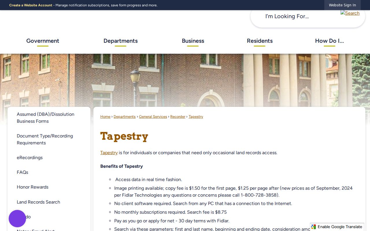St. Joseph County Recorder Tapestry deed search access page for Mishawaka street research