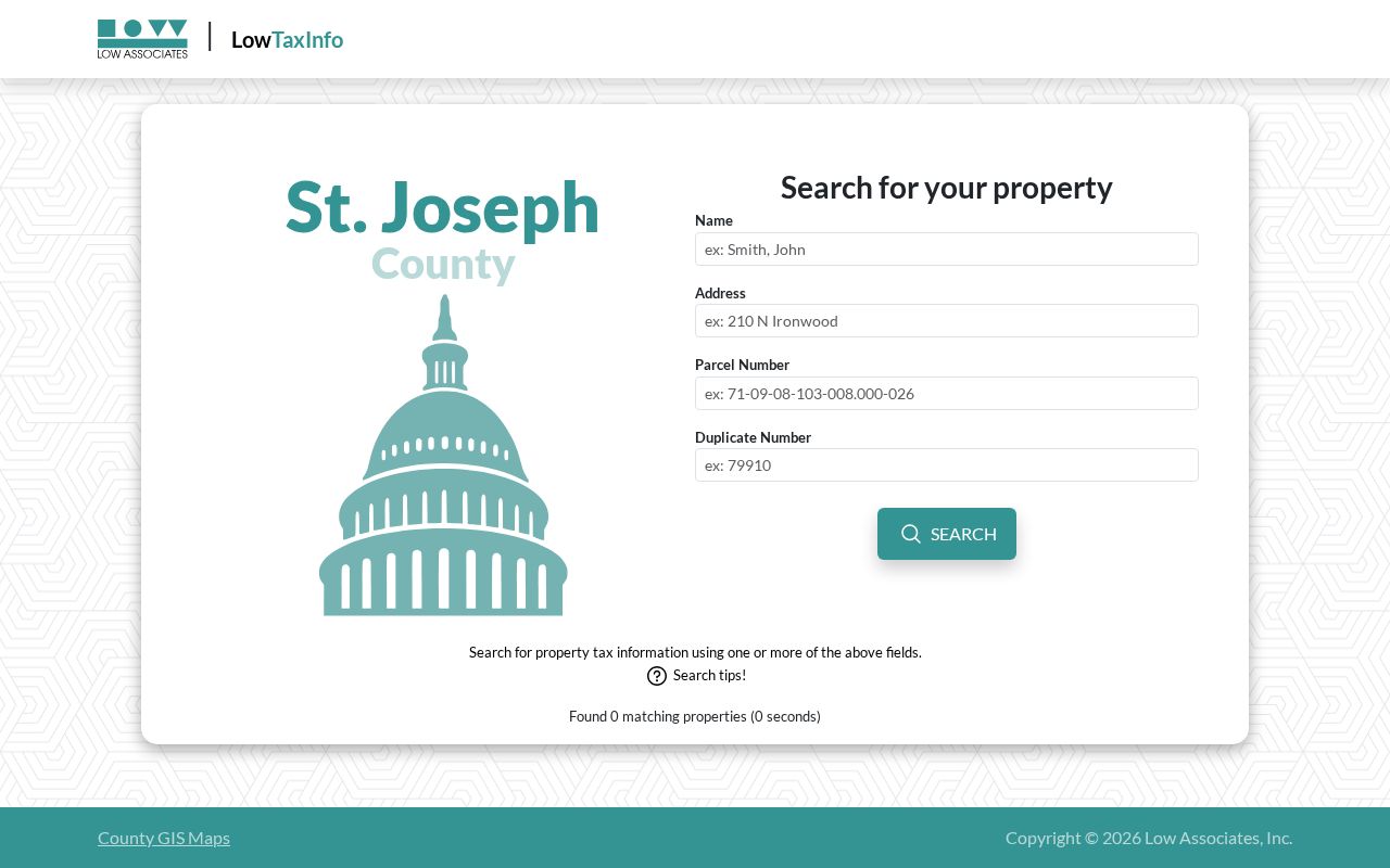 St. Joseph County tax search fields used after a Mishawaka ZIP check